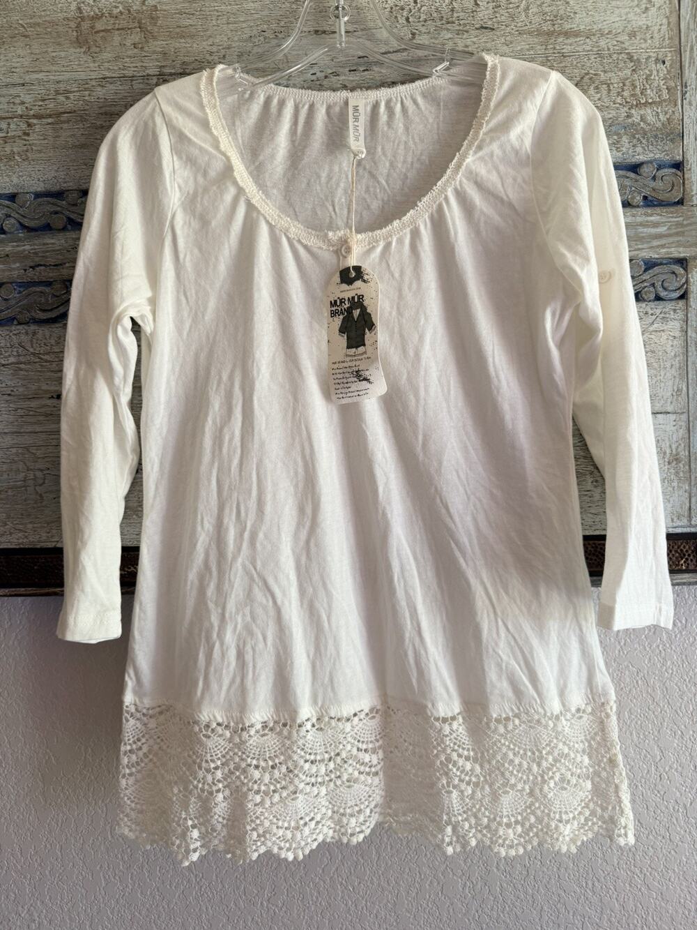 Murmur Ivory Crochet Trim Adjustable Sleeve Cotton Tunic - Size S New With Tag!